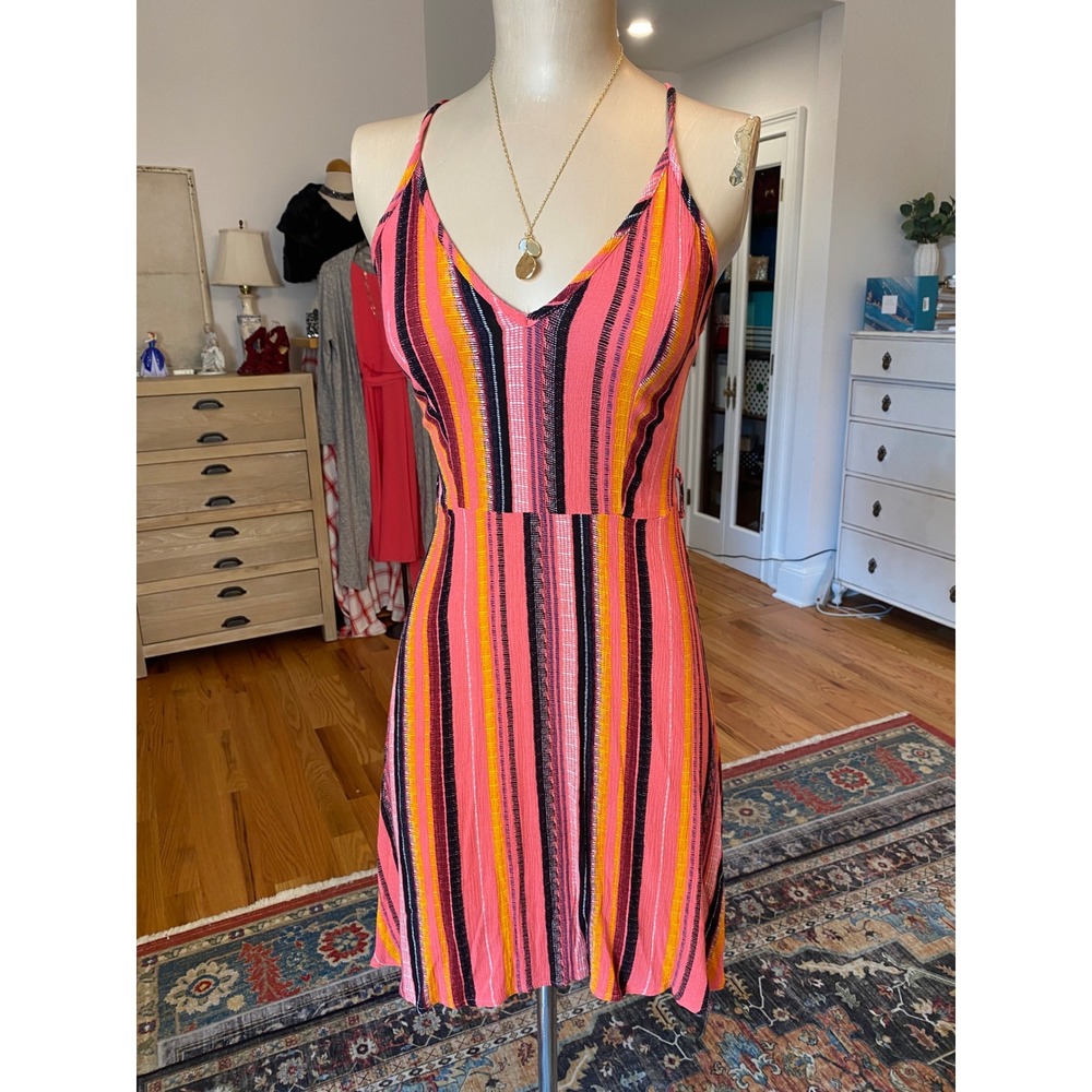 SHEIN Women Pink Orange Striped V-Neck Mini Dress Size S Adjustable Cross Back